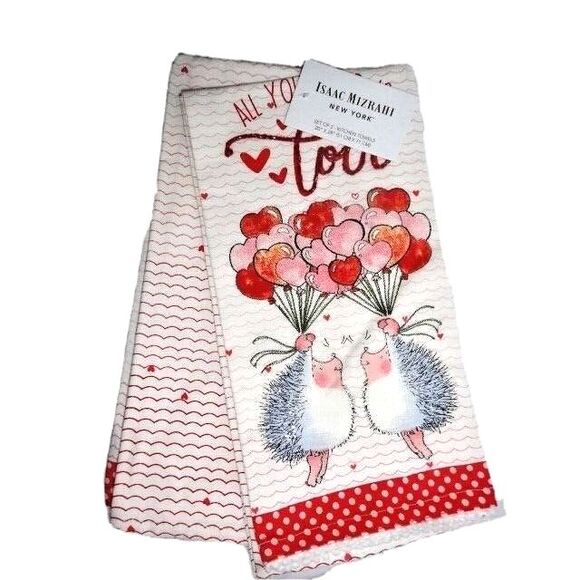 Isaac Mizrahi ALL YOU NEED IS LOVE Hedgehogs Kitchen Towels Sparkle Balloons NWT - Picture 1 of 3